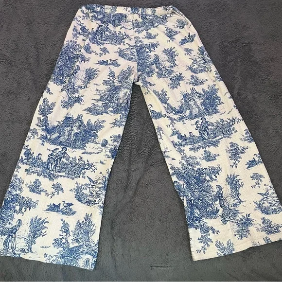 Cider Blue Toile Print Wide Leg Pants Cottagecore Size XL - Picture 2 of 9